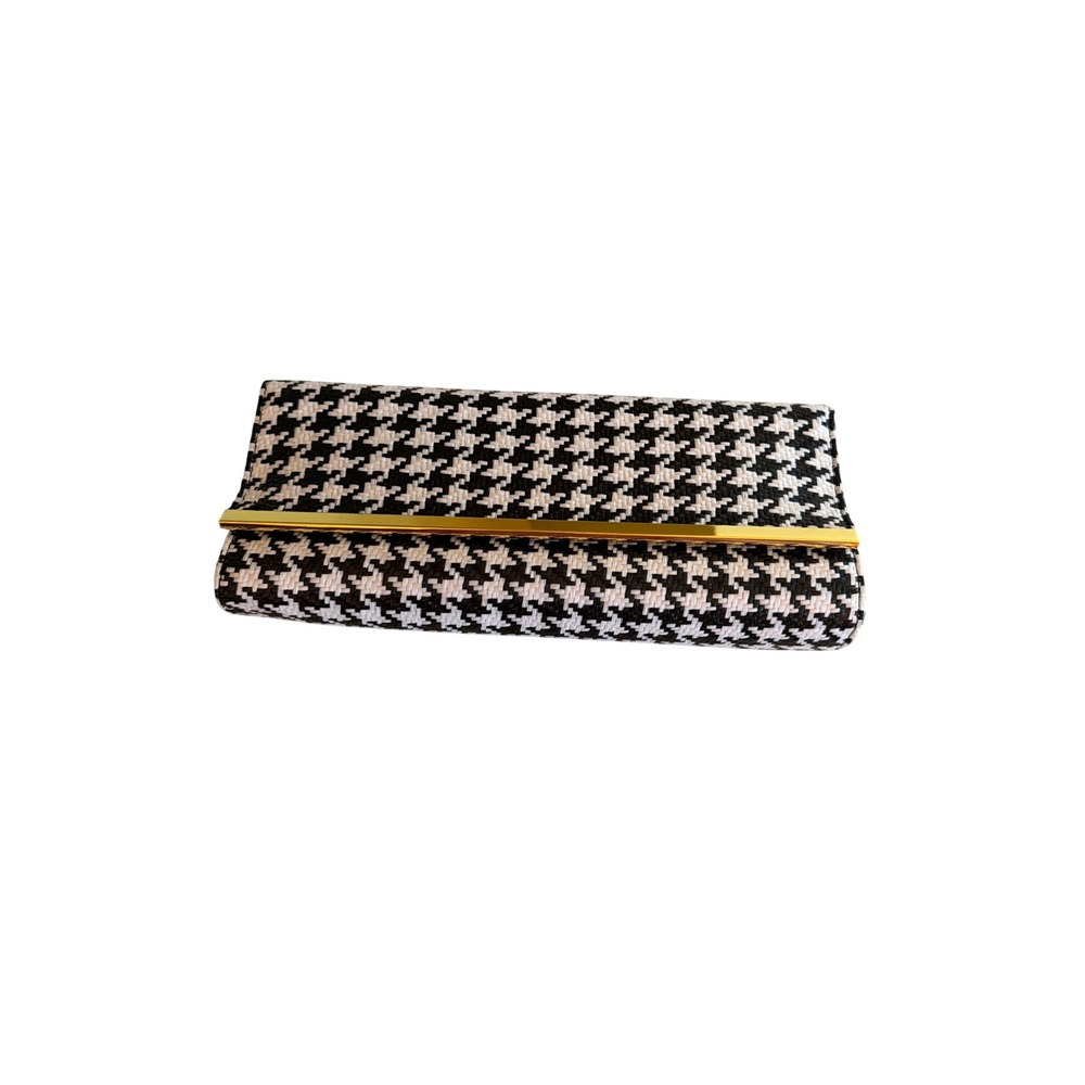 Joan Rivers Clutch Black White Houndstooth Classics Red Lining Gold Bar Accent